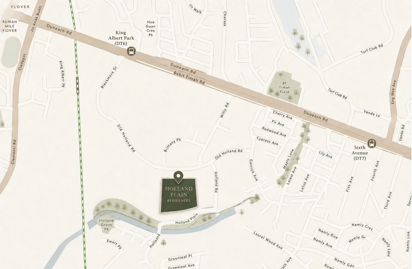 Location map of Holland Plain Residences off Old Holland Road, District 10 — near King Albert Park MRT (DT6) and Sixth Avenue MRT (DT7) on Dunearn Road and Bukit Timah Road, beside Holland Green Park, Brittany Park and the Rail Corridor, among the Bukit Timah landed enclave