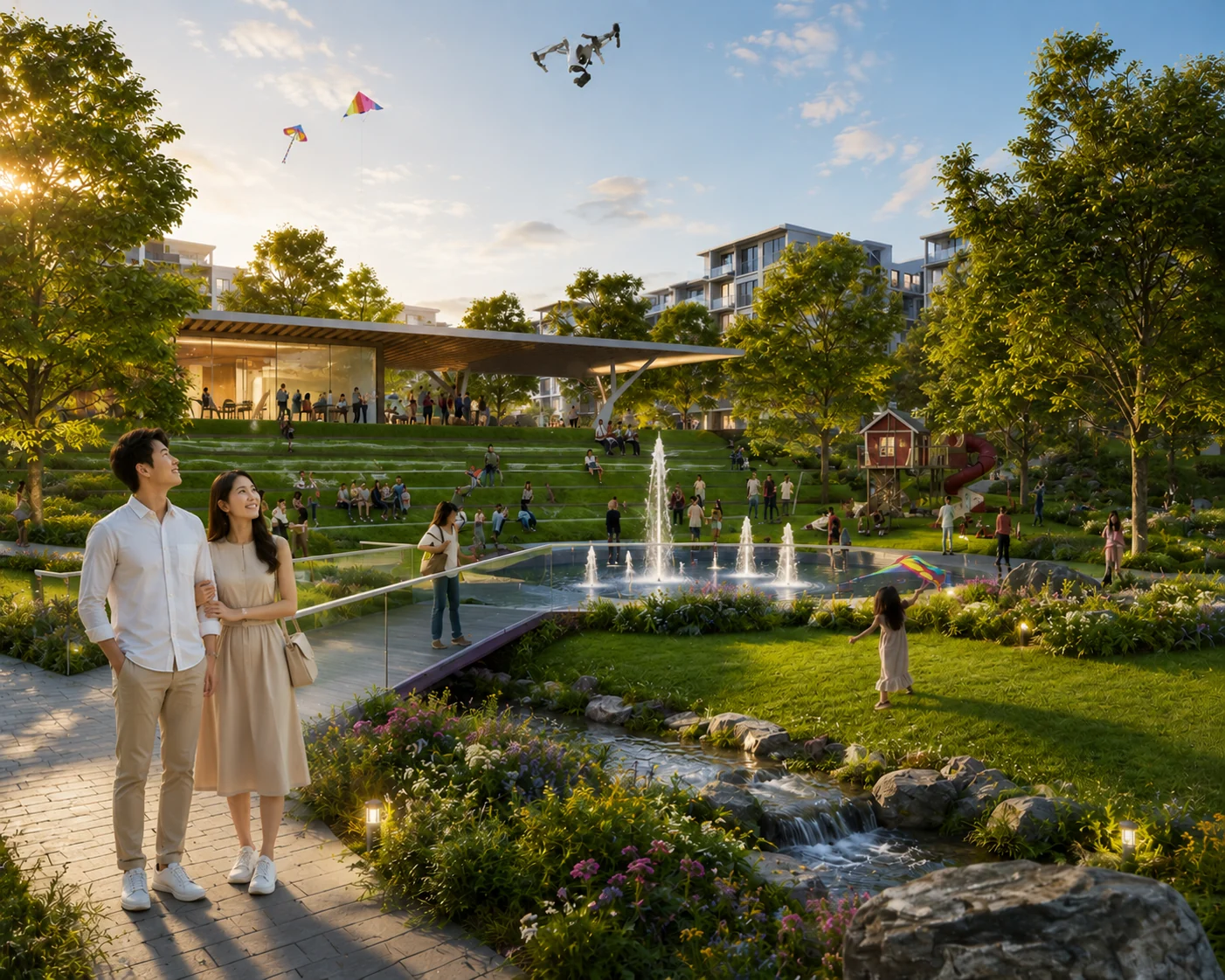 Holland Plain master plan lifestyle — residents at the Community Plain park with fountains, a pavilion, play areas and greenery in the low-density District 10 precinct